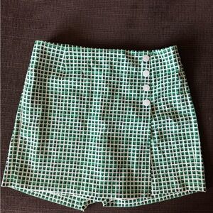 Tory Burch Green & White Grid Mini Skort with Side Buttons